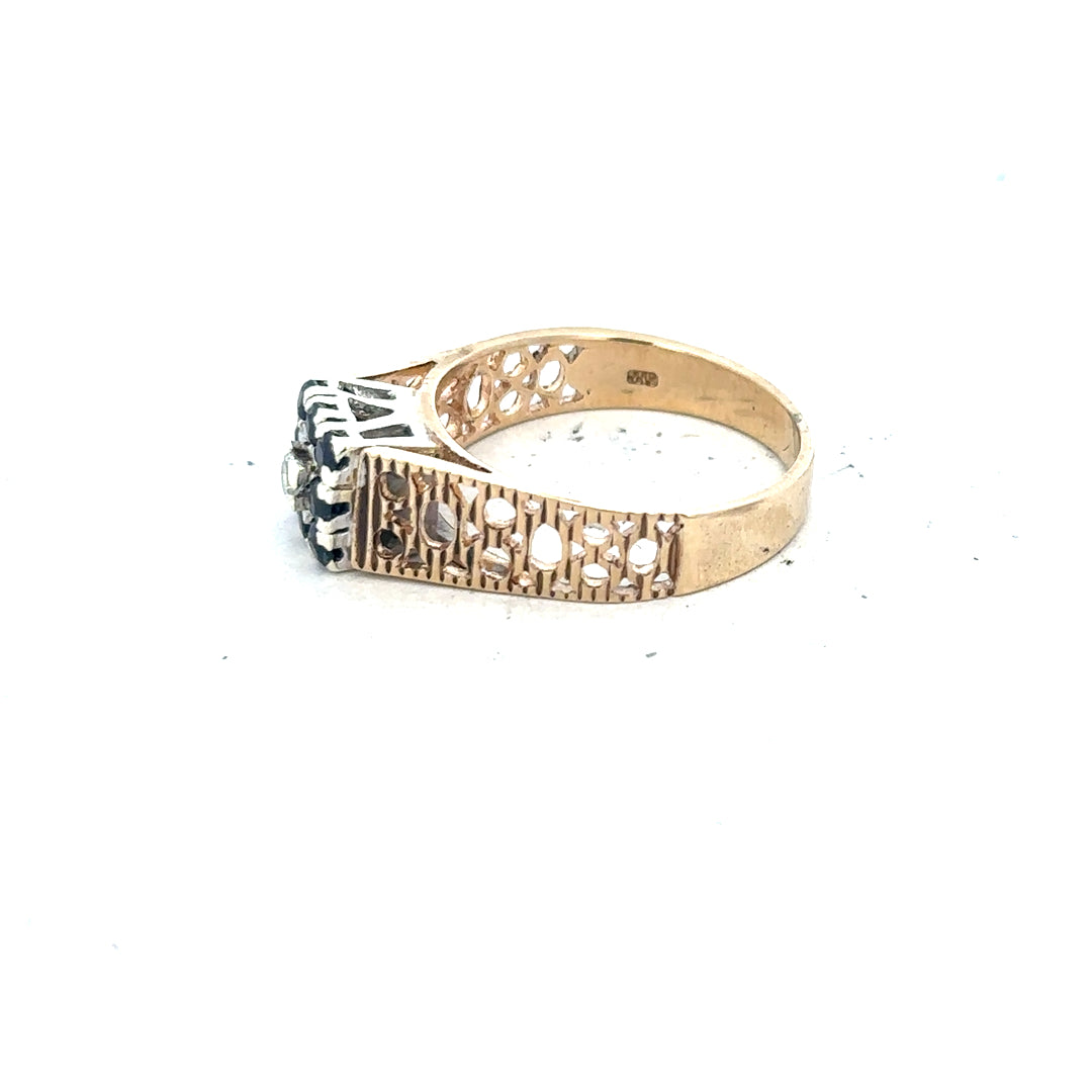9ct yellow gold sapphire and diamond ring, size N1/2, showcasing a vibrant sapphire center with sparkling diamonds.