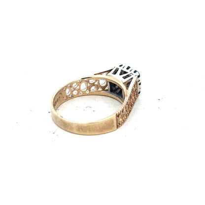 9ct yellow gold sapphire and diamond ring in size N 1/2, featuring a detailed close-up of the elegant jewelry design.