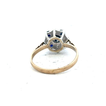 9ct yellow gold sapphire and diamond ring in size P, featuring a central sapphire gemstone and sparkling diamond accents.