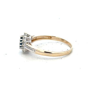 9ct yellow gold sapphire and diamond ring, size P1/2, featuring a sparkling sapphire and diamond accents.