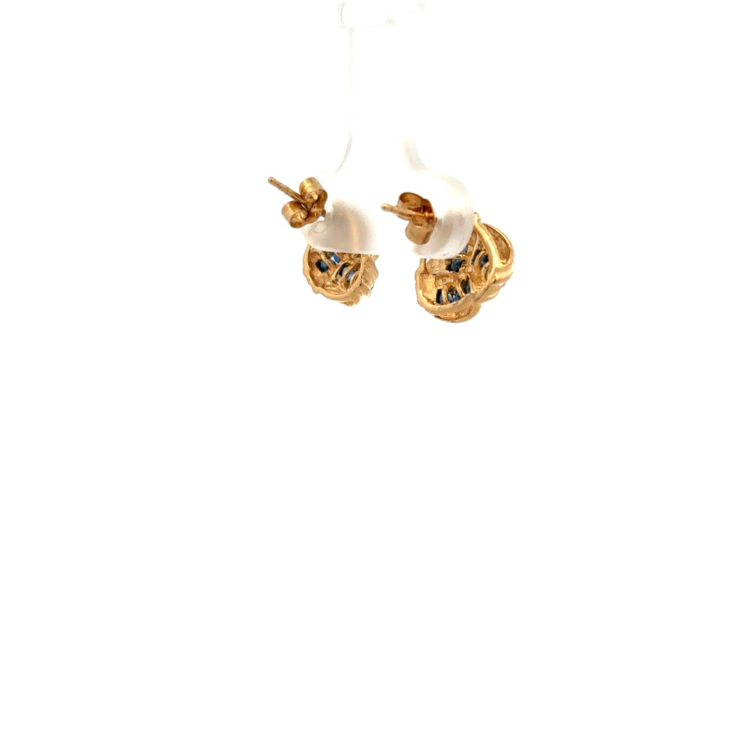 9ct yellow gold sapphire earrings featuring vibrant blue sapphires and elegant gold setting, weighing 2.4g.
