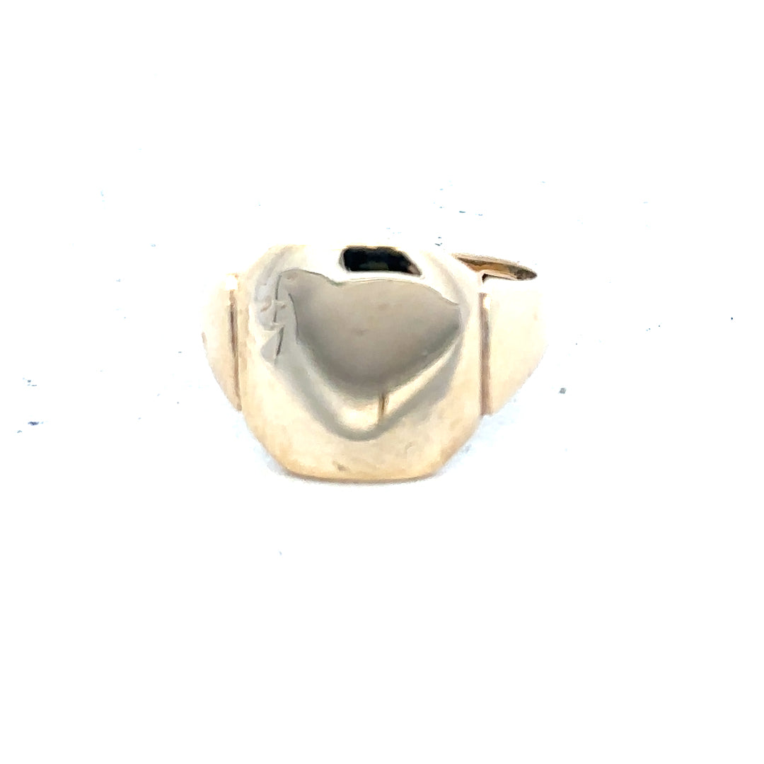 9ct yellow gold signet ring in size J, unbranded, featuring a smooth polished surface and classic design.