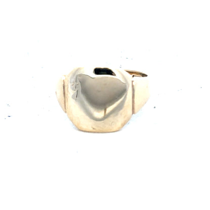 9ct yellow gold signet ring in size J, unbranded, featuring a smooth polished surface and classic design.