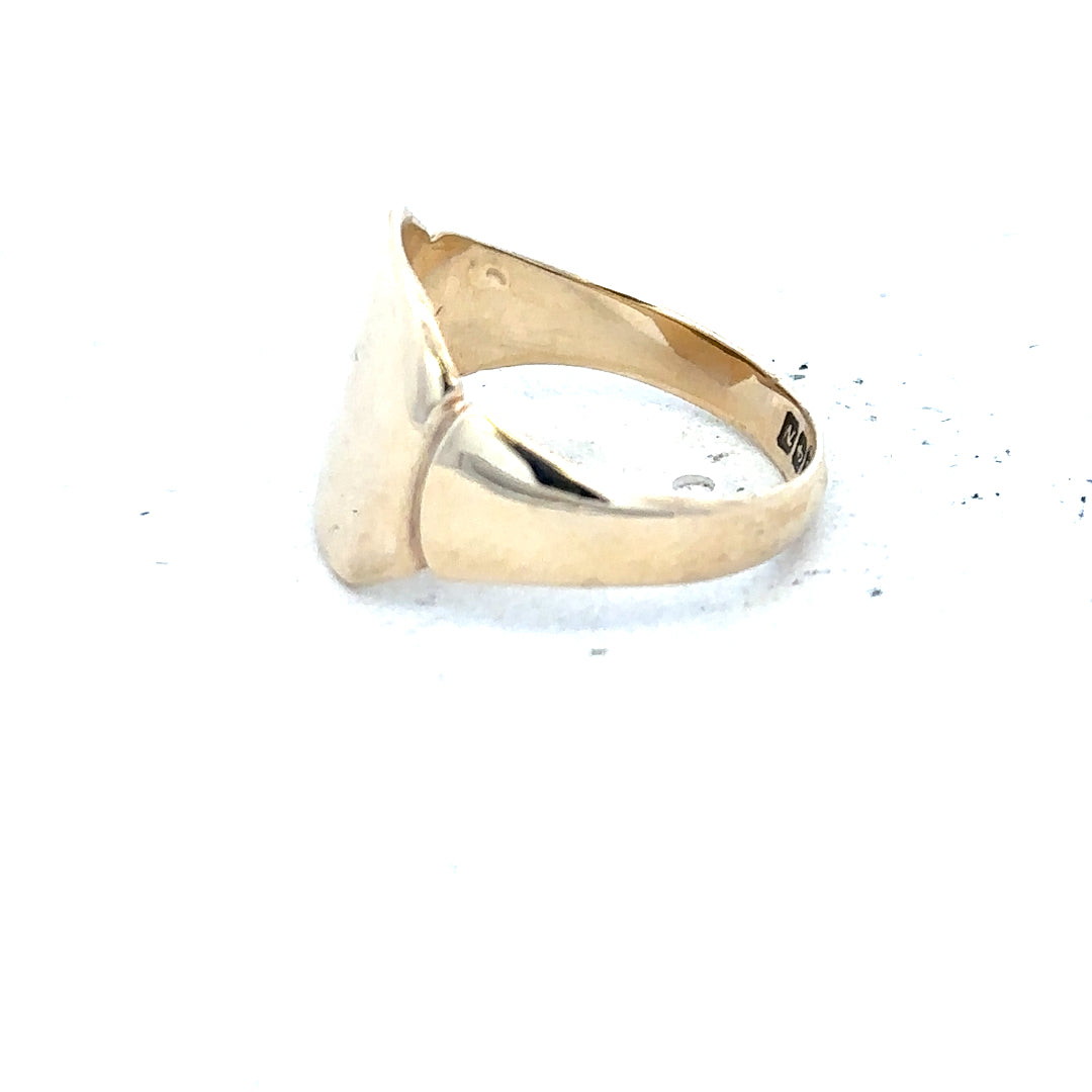 9ct yellow gold signet ring in size J with a polished finish, unbranded, classic design for men's or women's jewelry.