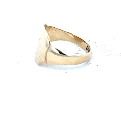 9ct yellow gold signet ring in size J with a polished finish, unbranded, classic design for men's or women's jewelry.