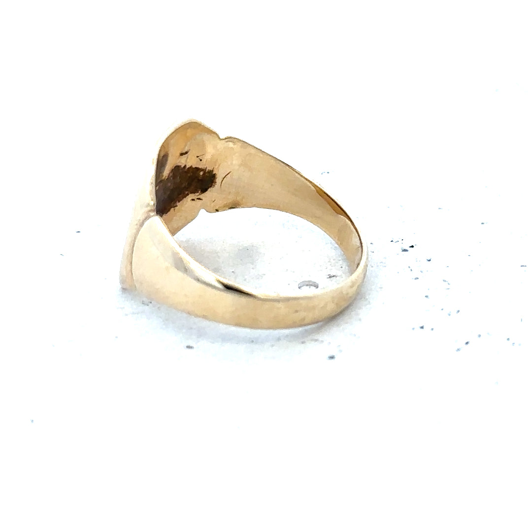9ct yellow gold signet ring in size J, unbranded, with a smooth polished surface and classic design.