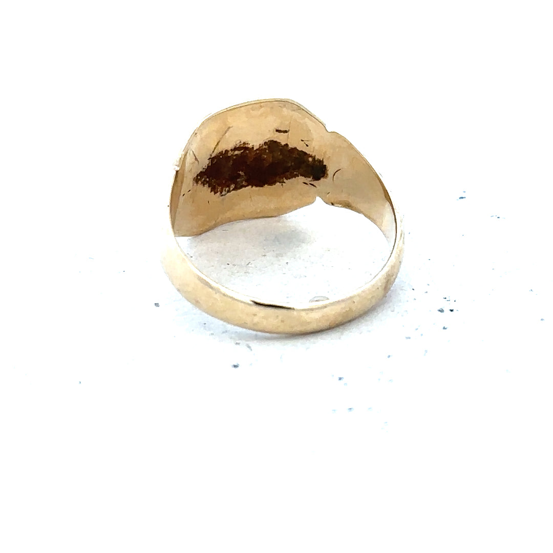 9ct yellow gold signet ring in size J with a smooth, polished finish, unbranded, featuring a classic design.
