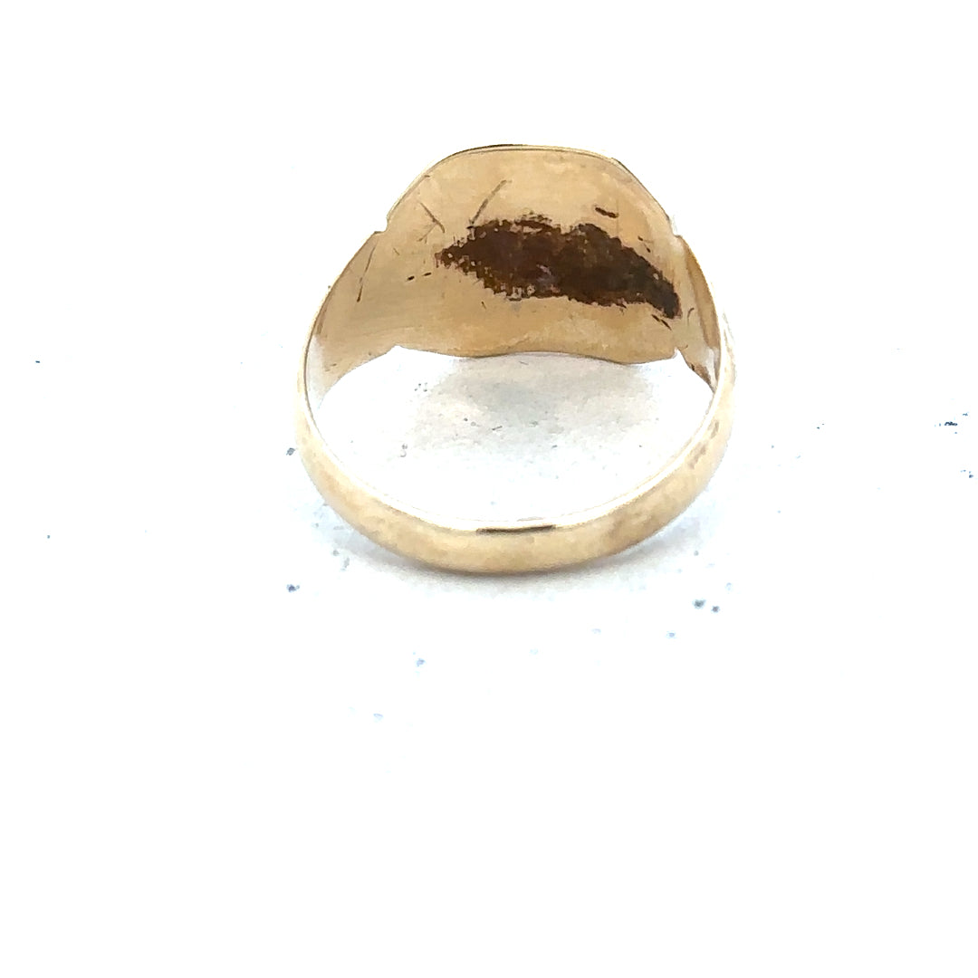 9ct yellow gold signet ring in size J with a polished finish, unbranded, showcasing a classic and elegant design.
