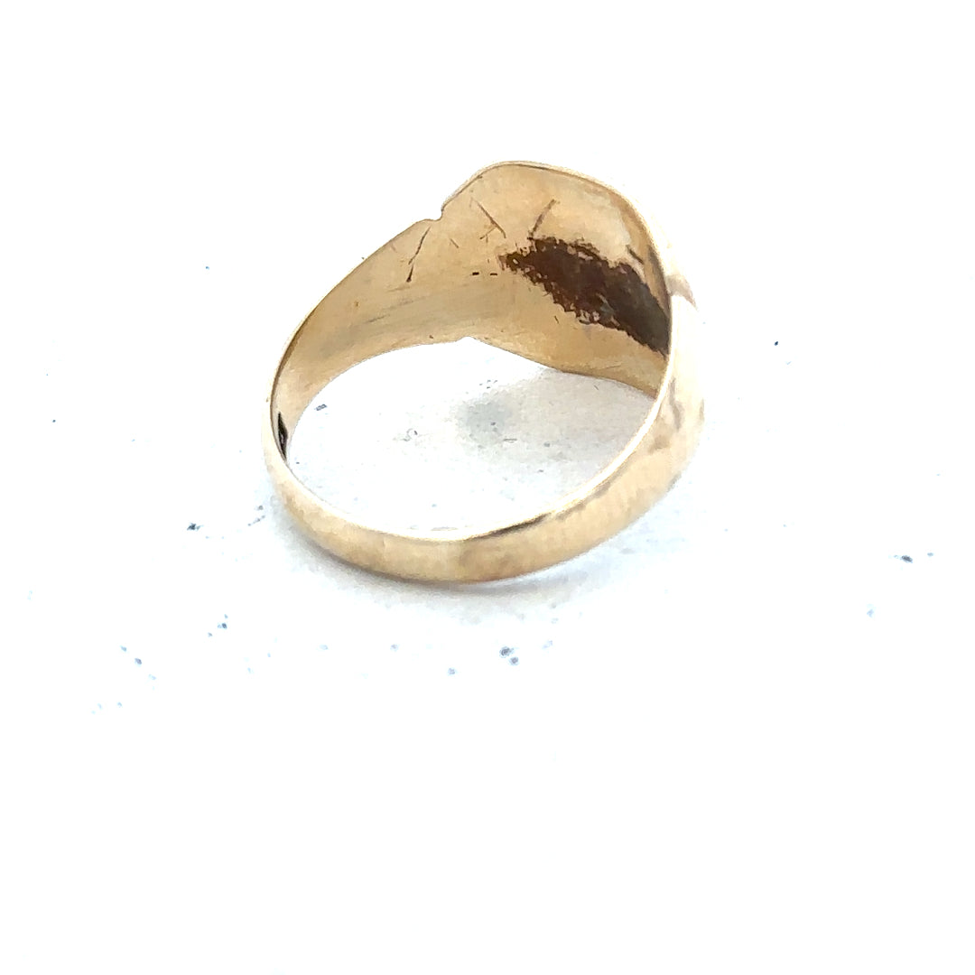 9ct yellow gold signet ring in size J with a smooth, polished surface, unbranded jewelry piece for men or women.