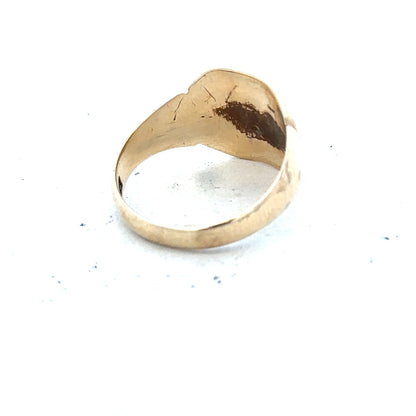 9ct yellow gold signet ring in size J with a smooth, polished surface, unbranded jewelry piece for men or women.