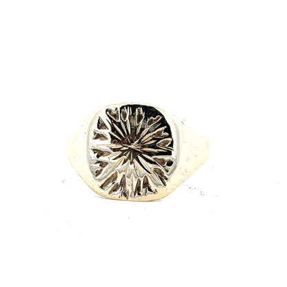 9ct yellow gold signet ring in size S, unbranded, with a smooth polished surface and classic design.