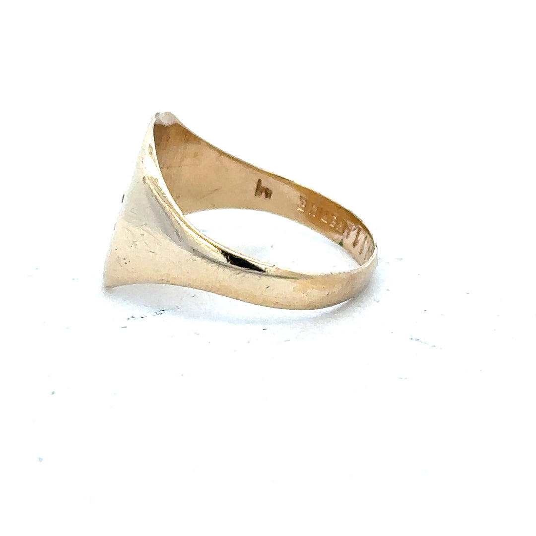 9ct yellow gold signet ring in size S, unbranded, with a smooth polished surface and classic design.