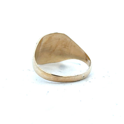 9ct yellow gold signet ring in size S with a smooth polished surface, unbranded jewelry accessory.