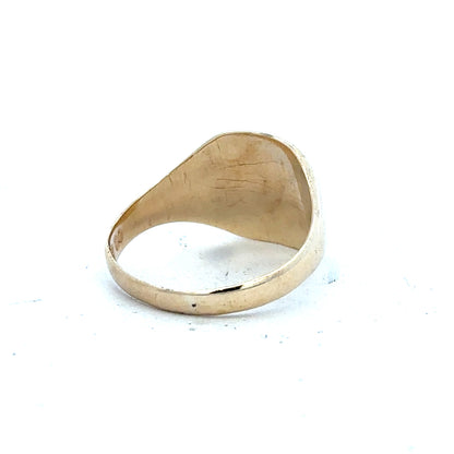 9ct yellow gold signet ring in size S, unbranded, with a smooth polished surface and classic design, displayed on a white background.