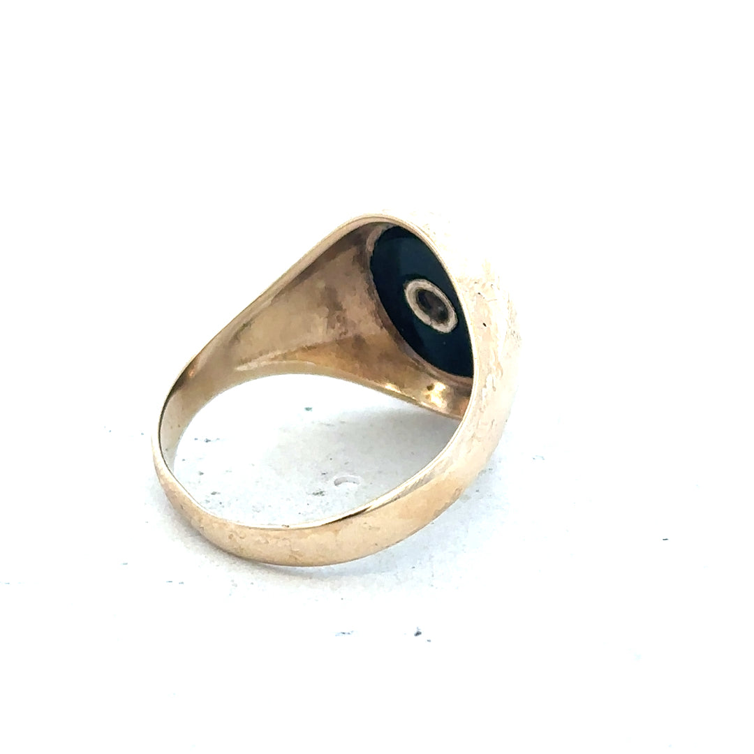 9ct yellow gold signet ring in size T with a smooth polished finish, unbranded jewelry shown on a plain background.