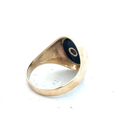 9ct yellow gold signet ring in size T with a smooth polished finish, unbranded jewelry shown on a plain background.