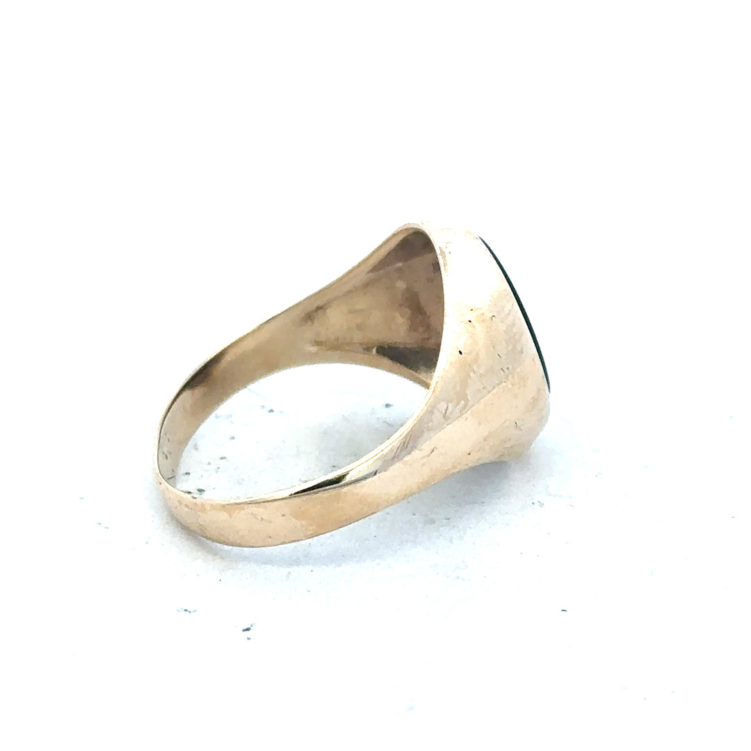 9ct yellow gold signet ring in size T with a smooth polished surface, unbranded jewelry piece.