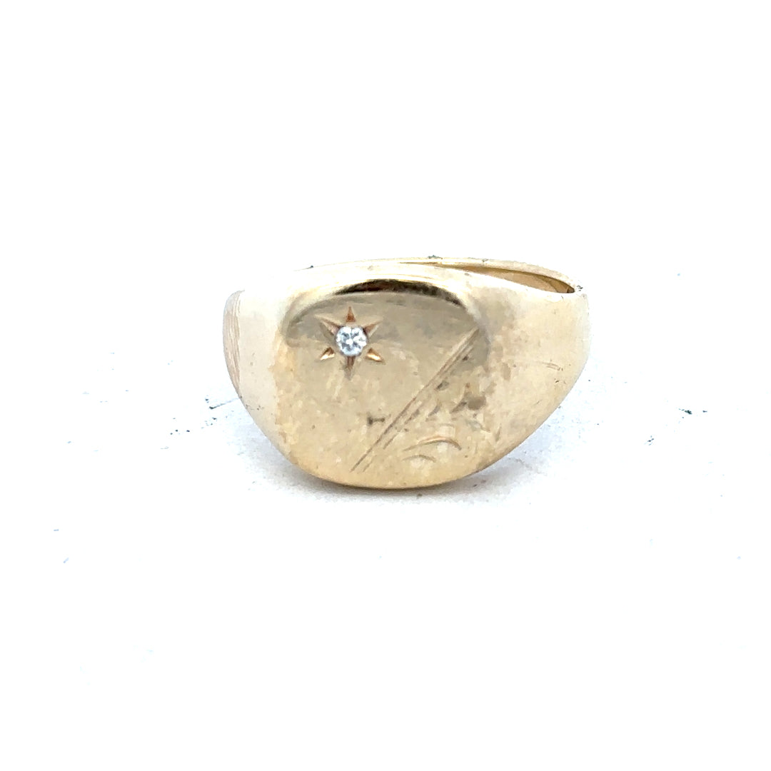 9ct yellow gold signet ring in size T1/2 with a smooth polished finish, unbranded jewelry accessory.