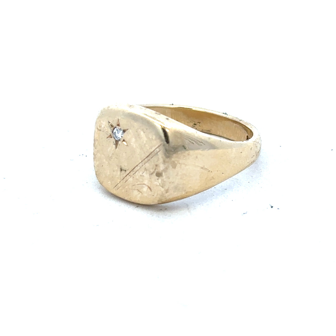 9ct yellow gold signet ring in size T1/2, unbranded, featuring a smooth, polished surface and classic design.