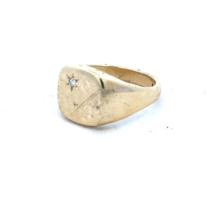 9ct yellow gold signet ring in size T1/2, unbranded, featuring a smooth, polished surface and classic design.