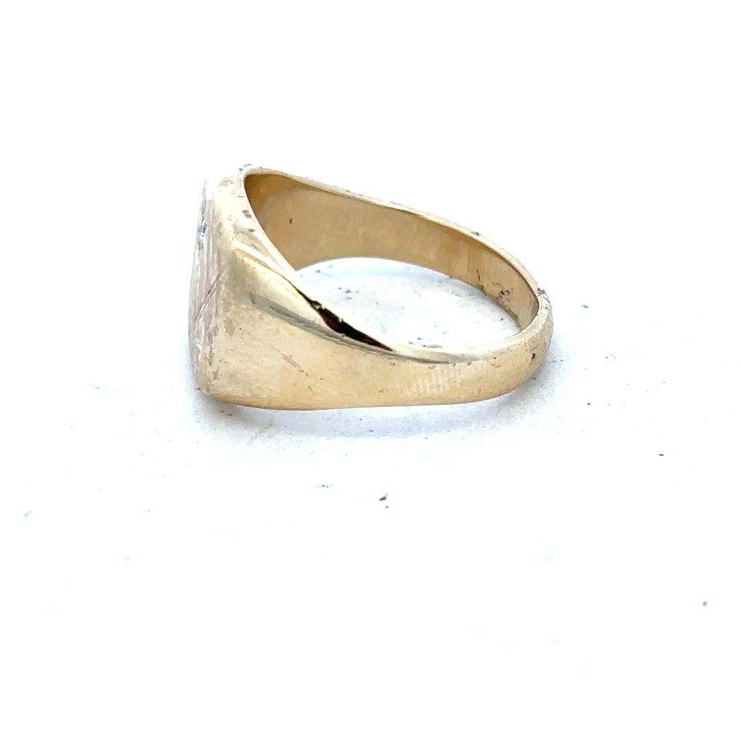 9ct yellow gold signet ring in size T1/2, unbranded, showcasing a polished gold band with a smooth, rounded design.