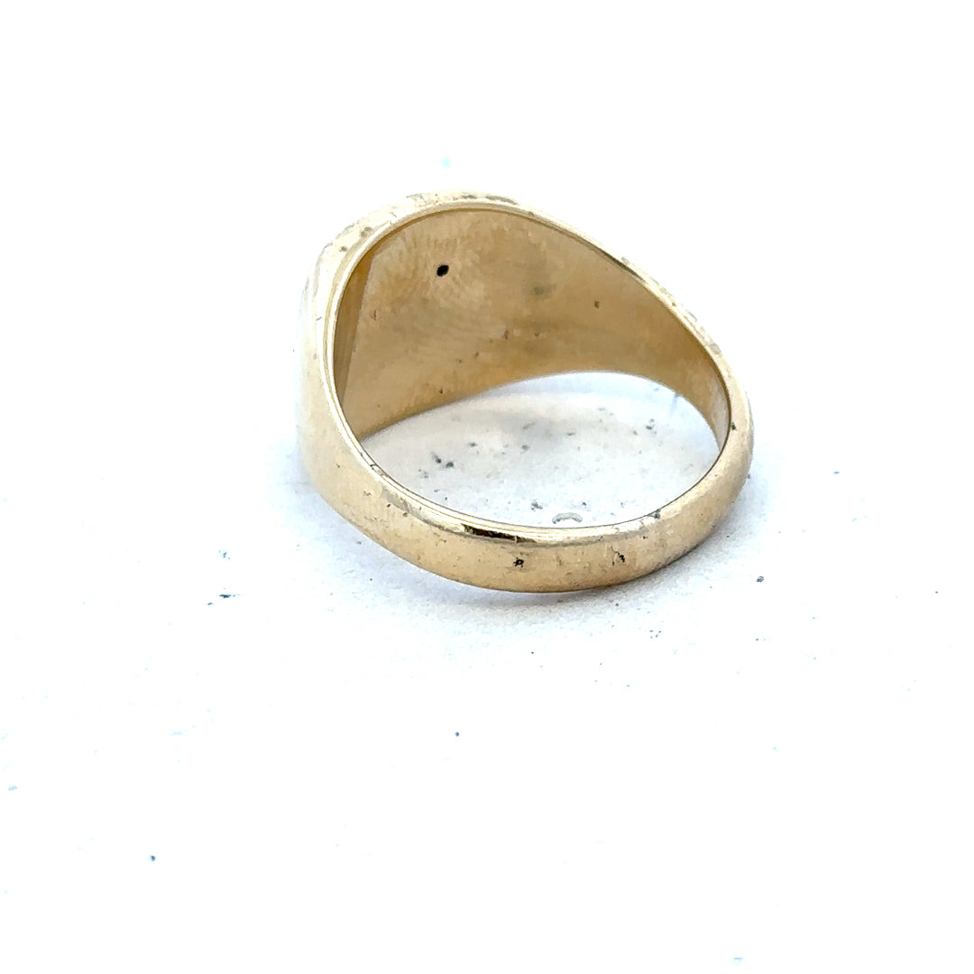 9ct yellow gold signet ring in size T1/2 with a smooth polished surface, unbranded jewelry piece.