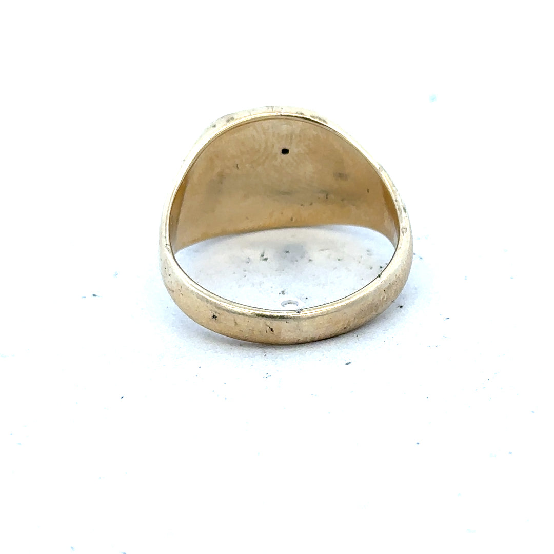9ct yellow gold signet ring in size T1/2, unbranded, with polished finish and classic design, shown from a front view.