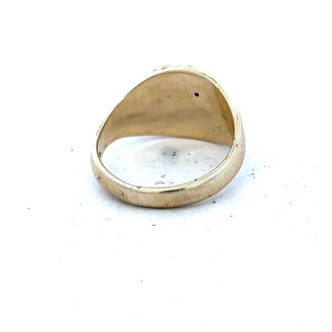 9ct yellow gold signet ring in size T1/2, unbranded, with a polished finish and classic design, shown from a front view.