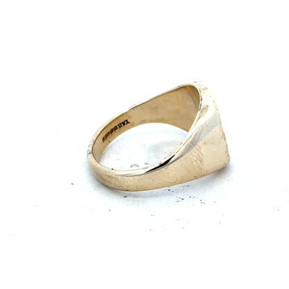 9ct yellow gold signet ring in size T1/2, featuring a smooth polished surface, unbranded jewelry accessory.