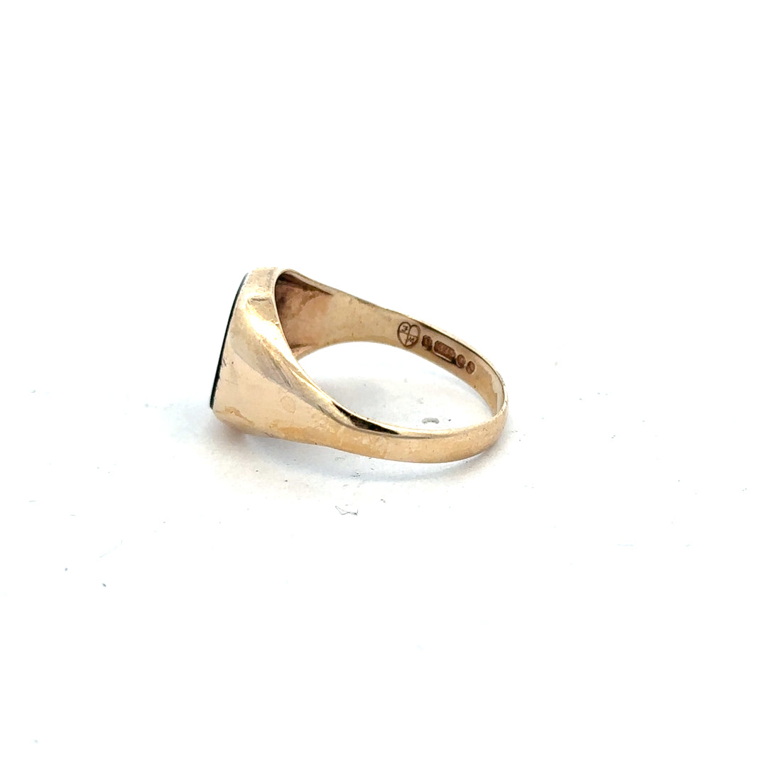 9ct yellow gold signet ring in size X with a smooth, polished surface, unbranded jewelry accessory.