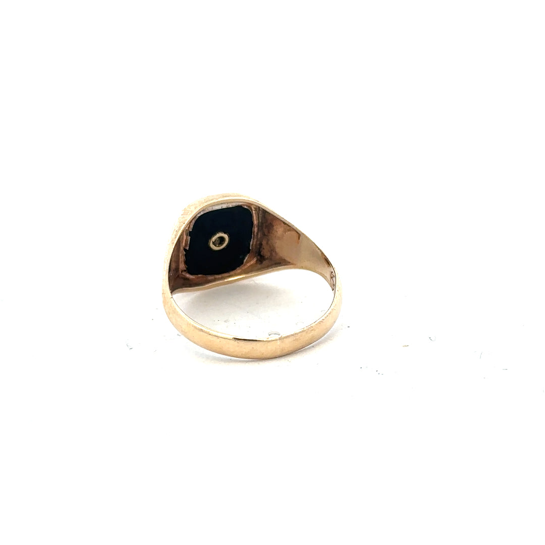9ct yellow gold signet ring in size X, unbranded, featuring a smooth polished surface and classic design.