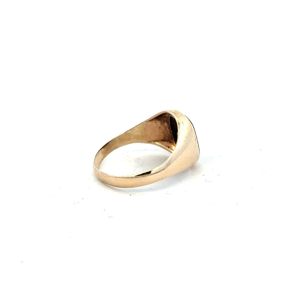9ct yellow gold signet ring in size X with a smooth, polished surface, unbranded jewelry piece.