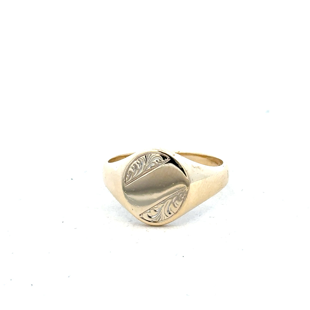 9ct yellow gold signet ring in size X1/2, unbranded, featuring a smooth polished surface and classic design.