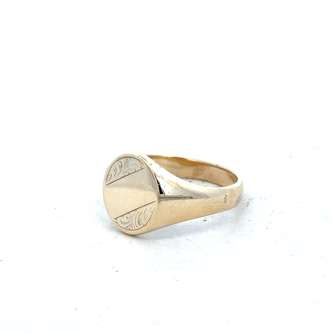 9ct yellow gold signet ring in size X1/2, unbranded, with a smooth polished finish and classic design.