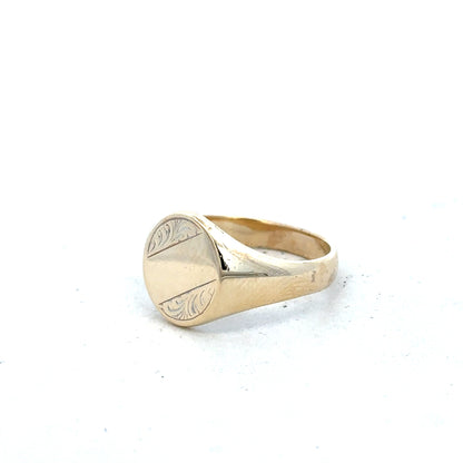 9ct yellow gold signet ring in size X1/2, unbranded, with a smooth polished finish and classic design.