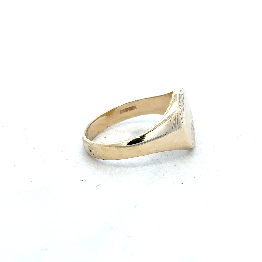 9ct yellow gold signet ring in size X1/2, unbranded, featuring a polished smooth surface and classic design.