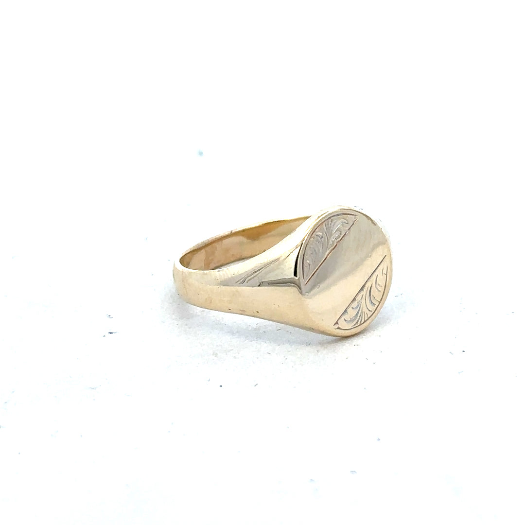9ct yellow gold signet ring in size X1/2, unbranded, showcasing a smooth polished surface and classic design.
