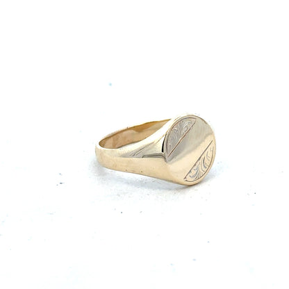 9ct yellow gold signet ring in size X1/2, unbranded, showcasing a smooth polished surface and classic design.
