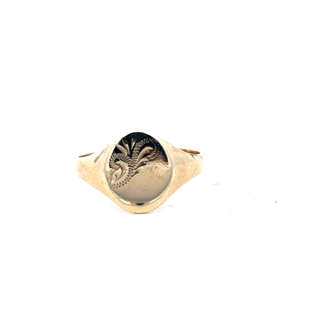 9ct yellow gold signet ring in size Y, unbranded, with a polished smooth surface and classic design.