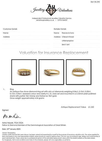 Antique 18ct yellow gold ring with five old cut diamonds totaling 0.57 carats, featuring vintage craftsmanship and elegant design.