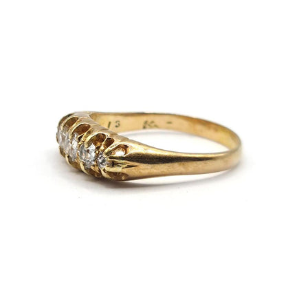 Antique 18ct yellow gold ring featuring five old cut diamonds totaling 0.57 carats, vintage-style jewelry with intricate detailing