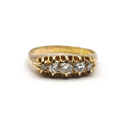Antique 18ct yellow gold ring with five old cut diamonds totaling 0.57 carats, showcasing vintage elegance and craftsmanship.