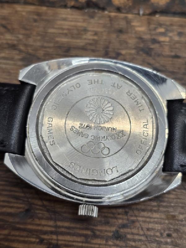 Longines 1972 Munich Olympics watch with classic design and engraved details, showcasing vintage sports event timepiece.
