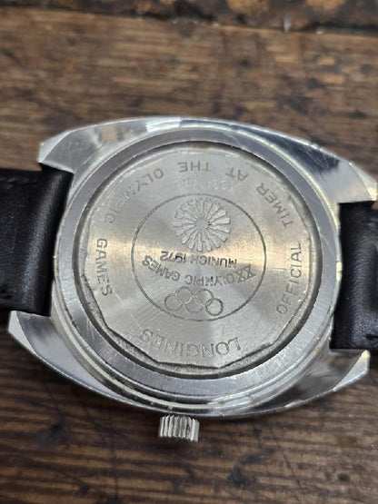 Longines 1972 Munich Olympics watch with classic design and engraved details, showcasing vintage sports event timepiece.
