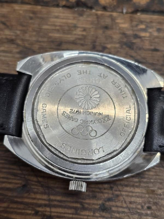 Longines 1972 Munich Olympics watch with classic design and engraved details, showcasing vintage sports event timepiece.