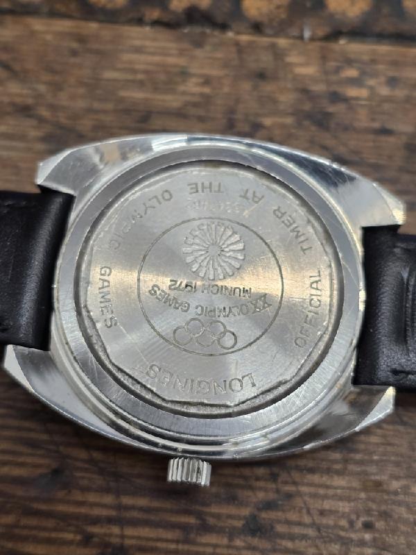 Longines 1972 Munich Olympics watch showing the dial and case with Olympic logo and vintage design details.
