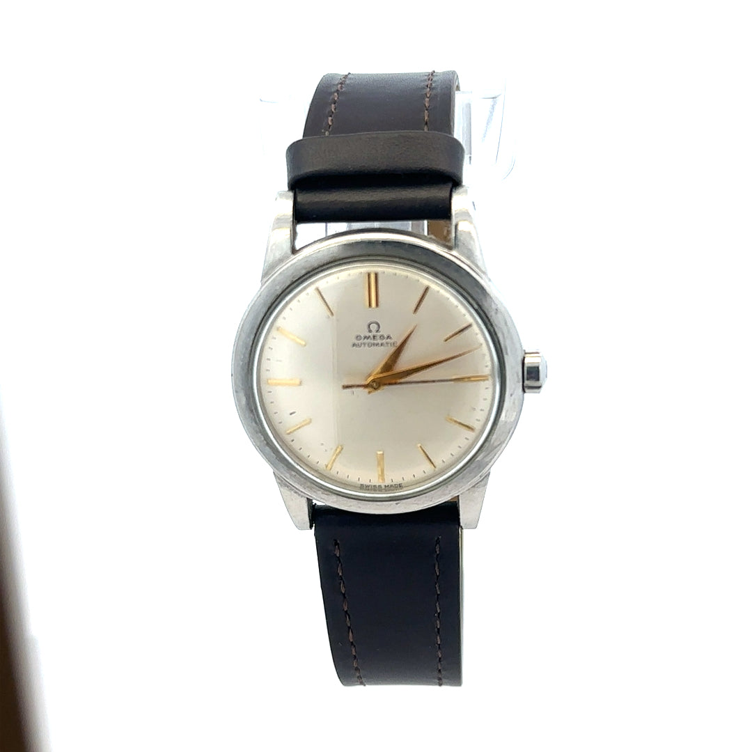 Unbranded Omega bumper automatic watch with stainless steel case and black leather strap, classic vintage design.