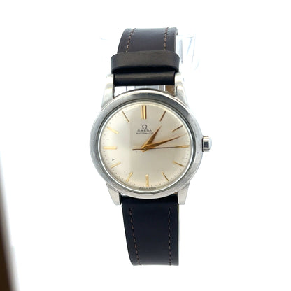 Unbranded Omega bumper automatic watch with stainless steel case and black leather strap, classic vintage design.