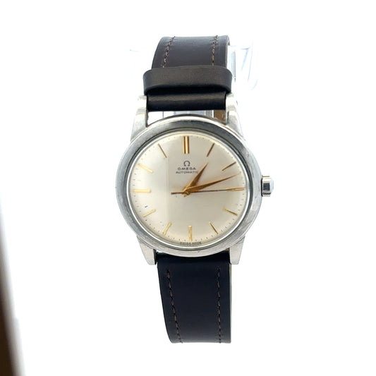 Unbranded Omega bumper automatic watch with stainless steel case and black leather strap, classic vintage design.