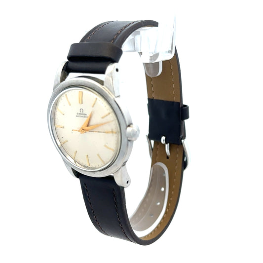 Unbranded Omega bumper automatic watch with round dial and metal strap, displaying time and classic design features.